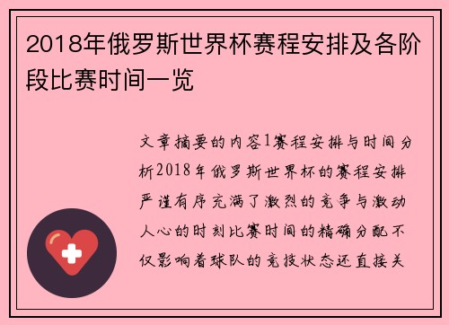 2018年俄罗斯世界杯赛程安排及各阶段比赛时间一览